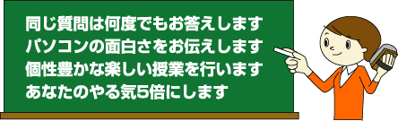 同じ質問は何度でもお答えします。パソコンの面白さをお伝えします。個性豊かな楽しい授業を行います。あなたのやる気5倍にします。